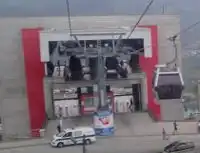 Gondolas disappearing into a station building