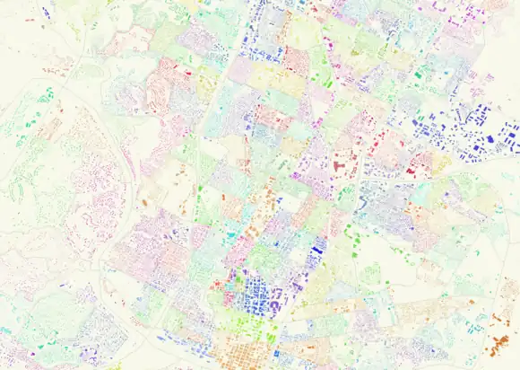 A map of building footprints from the City of Austin, colored by census block group.