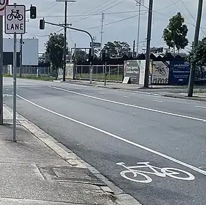 A bicycle lane in Melbourne with sign and road marking