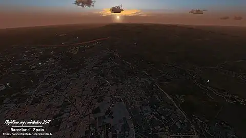 View over Barcelona, Spain showing buildings, roads, and objects generated from OSM data in Flightgear 2017