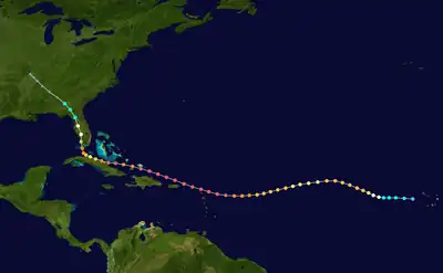 Track map of Hurricane Irma of the 2017 Atlantic hurricane season. The points show the location of the storm at 6-hour intervals. The colour represents the storm's maximum sustained wind speeds as classified in the Saffir–Simpson scale (see below), and the shape of the data points represent the nature of the storm. This track however does not show the full extent of areas that have been severely impacted, which extends to more than 100 km from the track.