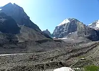 Terminal moraines, Victoria glacier (bottom) and Lefroy glacier (middle), Alberta, Canada