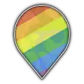 OpenStreetMap-themed icon in a pin shape with a slanted pride flag overlay.