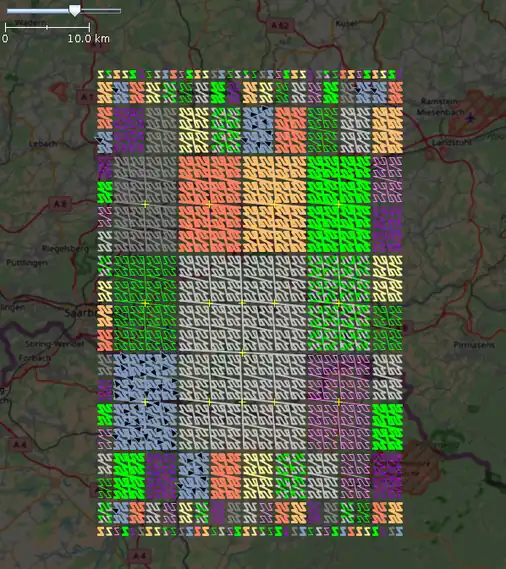 Todos los 316 rangos que han sido creados para el recuadro delimitador (49.0, 49.5, 7, 7.5), que coinciden con la curva envolvente de orden Z