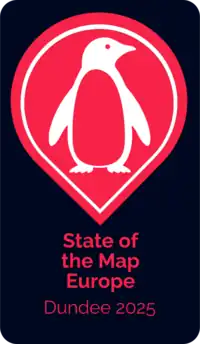 The conference logo for the State of the Map Europe 2025 is the outline of a penguin within a map marker icon.