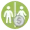 A simplistic white man and woman on a green background, separated by a white line in the middle. On the bottom right, there is a grey coin with a dollar sign ($).