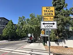 Level crossing in a partial quiet zone in San Jose, California crossing:whistle=yes crossing:whistle:conditional=optional @ (22:00-07:00)