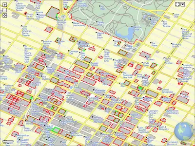 La representación de teselas del lado del cliente hace posible grandes niveles de ampliación (añadido en julio de 2012). Se usa un enfoque de teselas vectoriales con datos de edificios en OSM.
