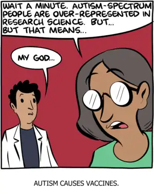 Comic panel of two scientists talking. The dialogue is: "Wait a minute. Autism-spectrum people are overrepresented in research science. But... But... that means..." "My god...". "Autism causes vaccines" appears below the panel as text.