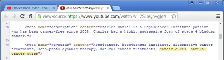 Hope4Cancer have tagged their testimonial videos with "cancer cures", but the disclaimer on their website says otherwise.