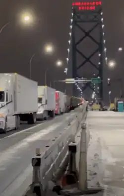 Trucks lined up on Ambassador Bridge Feb 8: "civilization" at its finest